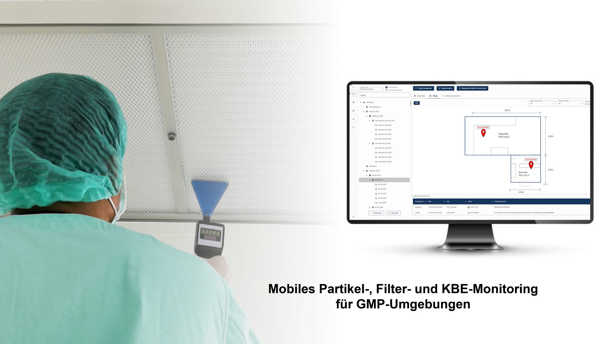 CleanroomMobileTrace | Software für mobiles Partikel-, Filter- und KBE-Monitoring in GMP-Umgebungen